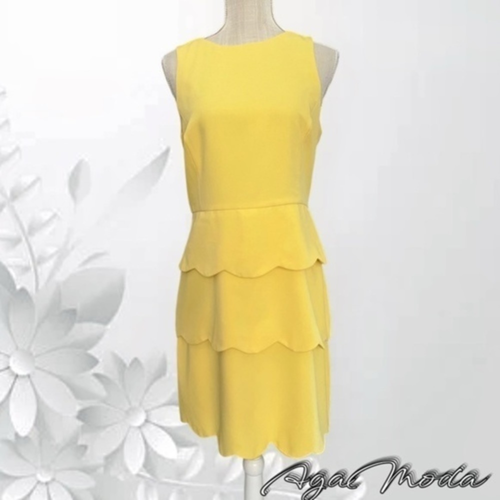 Belle Badgley Mishka sunny Yellow Sleeveless Dress with Scalloped Finishes.